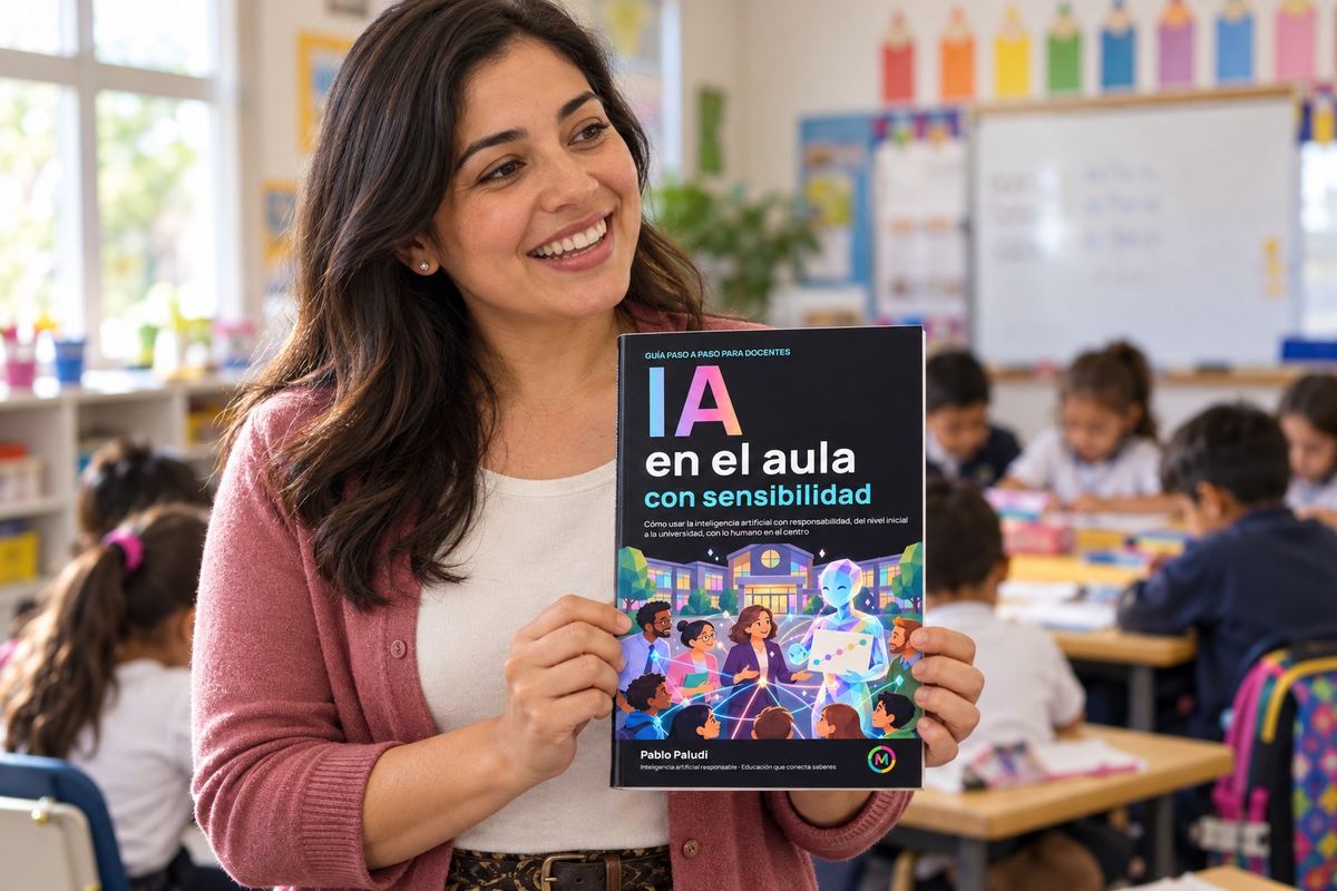 Una docente muestra la guía en su aula